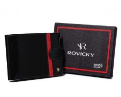 Portfel skórzany Rovicky N992L-RVTP Black+Red czarny. Czarne portfele męskie ROVICKY, bez wzorów, ze skóry. Za 80.00 zł.