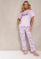 Fioletowy Komplet Piżamowy T-shirt z Nadrukiem i Proste Spodnie w Cętki i Szorty Nirelsa. Fioletowe piżamy damskie Renee, bez wzorów, bez ramiączek. Za 54.99 zł.