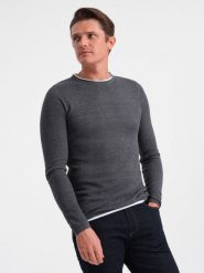 Bawełniany sweter męski z okrągłym dekoltem - grafitowy melanż V2 OM-SWSW-0103 - XXL. Szare swetry męskie Ombre Clothing, l, bez wzorów, z bawełny, klasyczne, bez kołnierzyka, bez ramiączek. W wyprzedaży za 69.99 zł.