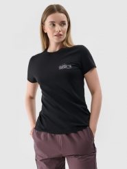 4F T-shirt slim z nadrukiem damski - czarny S. Czarne t-shirty damskie 4F, s, bez wzorów, z dzianiny, klasyczne, bez kołnierzyka, bez ramiączek. Za 29.99 zł.