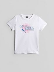 4F T-shirt regular z nadrukiem damski - biały S. Białe t-shirty damskie 4F, s, bez wzorów, z bawełny, biznesowe, bez kołnierzyka, bez ramiączek. Za 59.99 zł.