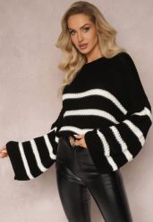 Czarny Sweter z Dzianiny w Paski z Obszernymi Rękawami Gotara. Czarne swetry nierozpinane damskie Renee, bez wzorów, z dzianiny, casualowe, bez kołnierzyka, bez ramiączek. Za 79.99 zł.