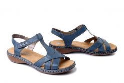 RIEKER 65919-12 blue, sandały damskie. Niebieskie sandały damskie Rieker, bez wzorów, bez obcasa, bez zapięcia. Za 255.92 zł.