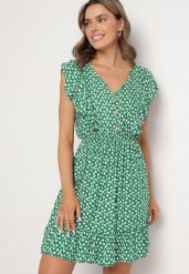Zielona Rozkloszowana Sukienka z Bawełny w Kwiaty z Guzikami Ronelle. Zielone sukienki damskie Born2be, na co dzień, l, bez wzorów, z bawełny, eleganckie, bez kołnierzyka, bez ramiączek, mini, proste. Za 39.99 zł.