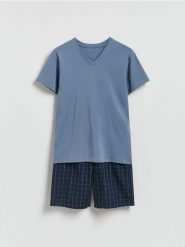 Dwuczęściowa piżama z bawełny - granatowy. Niebieskie piżamy męskie Reserved, l, bez wzorów, z bawełny, bez kołnierzyka, bez ramiączek. Za 89.99 zł.