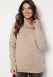 Beżowy Sweter z Wywiniętym Dekoltem Parira. Brązowe swetry nierozpinane damskie Born2be, m, bez wzorów, eleganckie, bez kołnierzyka, bez ramiączek. Za 99.99 zł.