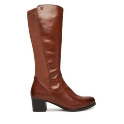Kozaki Caprice. Brązowe kozaki damskie Caprice, bez wzorów, bez obcasa, na słupku, bez zapięcia. Za 629.99 zł.