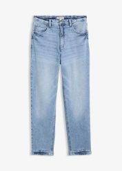Dżinsy mom, high waist, low stretch, cropped. Niebieskie jeansy damskie bonprix, bez wzorów, z bawełny, z podwyższonym stanem. Za 124.99 zł.