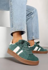 Zielono-Białe Sneakersy Typu Kultowe Tenisówki Zdobione Paskami Nevellise. Zielone trampki i tenisówki damskie Renee, z aplikacjami, z jeansu, bez zapięcia. Za 129.99 zł.