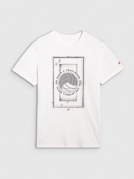 4F T-shirt regular z nadrukiem siatkarskim męski - biały XL. Białe koszulki sportowe męskie 4F, l, bez wzorów, z bawełny, bez kołnierzyka, bez ramiączek. W wyprzedaży za 39.99 zł.