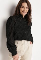 Czarna Koszula Transparentna z Bufkami na Rękawach Oslia. Czarne koszule damskie Born2be, m, bez wzorów, bez kołnierzyka, bez ramiączek. Za 139.99 zł.