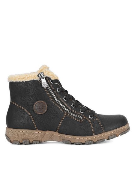 Rieker Botki Z0121-00 Czarny. Czarne botki damskie Rieker, bez wzorów, z materiału, bez obcasa, na płaskiej podeszwie, bez zapięcia. Za 258.99 zł.