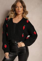 Czarny Krótki Kardigan Bez Zapięć Zdobiony Aplikacjami z Truskawkami Invalina. Czarne kardigany damskie Renee, l, z aplikacjami, biznesowe, bez kołnierzyka. Za 169.99 zł.