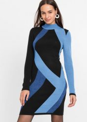 Sukienka dzianinowa żakardowa w modne paski. Niebieskie sukienki damskie bonprix, bez wzorów, z dzianiny, eleganckie, bez kołnierzyka, bez ramiączek. Za 119.99 zł.