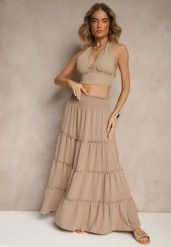 Beżowa Rozkloszowana Spódnica z Gumką w Talii Zdobiona Falbanami Dovinelle. Brązowe spódnice damskie Renee, na co dzień, l, z aplikacjami, eleganckie, maxi, rozkloszowane. Za 44.99 zł.