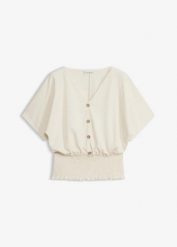 Koszulka z krepy o lekkiej fakturze. Brązowe bluzki damskie bonprix, bez wzorów, eleganckie, bez kołnierzyka, bez ramiączek. Za 97.99 zł.
