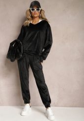 Czarny Komplet Dresowy z Weluru Luźna Bluza z Dekoltem w V i Elastyczne Spodnie z Kieszeniami Esparkia. Czarne bluzy damskie Renee, l, bez wzorów, z dresówki, bez ramiączek, bez kaptura. Za 114.99 zł.