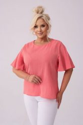 Koralowa bawełniana bluzka Lidia z krótkim rękawem PLUS SIZE XXL LATO. Pomarańczowe bluzki damskie Moda Size Plus Iwanek, l, bez wzorów, z bawełny, eleganckie, bez kołnierzyka, plus size, bez ramiączek. Za 199.90 zł.