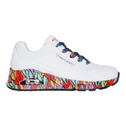 Buty sportowe Sneakersy damskie, Uno - Ravaged Love. Białe obuwie sportowe damskie Skechers, bez wzorów, bez zapięcia, trekkingowe. Za 449.99 zł.