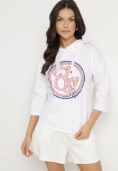 Biała Bluza z Kapturem i Rękawami 3/4 Zdobiona Nadrukiem Saniriora. Białe bluzy damskie Born2be, l, z aplikacjami, z jeansu, casualowe, bez ramiączek, z kapturem. Za 84.99 zł.