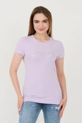 GUESS Lawendowy t-shirt Sangallo Tee. Czarne t-shirty damskie Guess, s, z aplikacjami, bez kołnierzyka, bez ramiączek. W wyprzedaży za 166.99 zł.