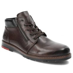 Brązowe Trzewiki Rieker Eleganckie Buty Męskie. Brązowe botki męskie Rieker, na zimę, bez wzorów, z futra, eleganckie, bez obcasa, bez zapięcia. Za 369.00 zł.