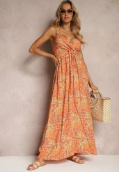Pomarańczowa Sukienka z Wiskozy na Ramiączkach z Dekoltem w Serek Aliblea. Brązowe sukienki damskie Renee, na spacer, m, bez wzorów, z materiału, eleganckie, bez kołnierzyka, bez ramiączek, maxi. Za 69.99 zł.