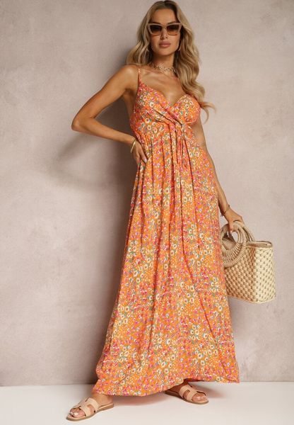 Pomarańczowa Sukienka z Wiskozy na Ramiączkach z Dekoltem w Serek Aliblea. Brązowe sukienki damskie Renee, na spacer, s, bez wzorów, z materiału, eleganckie, bez kołnierzyka, bez ramiączek, maxi. Za 69.99 zł.