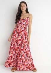 Różowa Sukienka Antythia. Czerwone sukienki damskie Born2be, na lato, m, bez wzorów, z tkaniny, bez kołnierzyka, bez ramiączek, maxi, rozkloszowane. Za 29.99 zł.