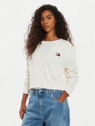 Tommy Jeans Kardigan Essential Badge DW0DW19913 Biały Relaxed Fit. Białe kardigany damskie Tommy Jeans, l, bez wzorów, z bawełny, bez kołnierzyka. Za 299.99 zł.