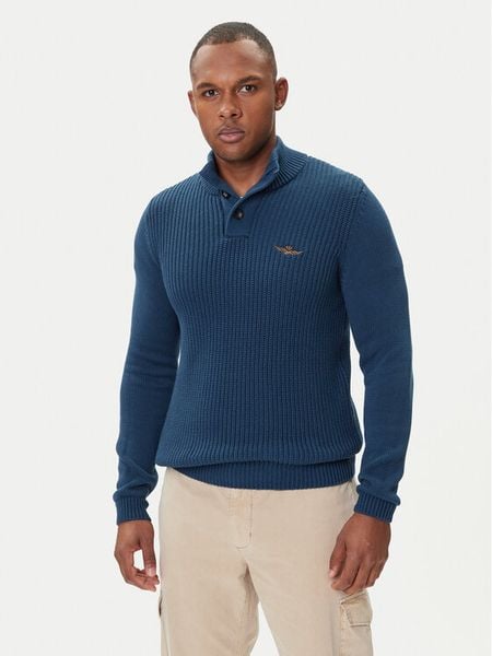 Aeronautica Militare Sweter 252MA1572UL00409 Niebieski Slim Fit. Niebieskie swetry męskie Aeronautica Militare, m, bez wzorów, z bawełny, bez kołnierzyka, bez ramiączek. Za 679.99 zł.