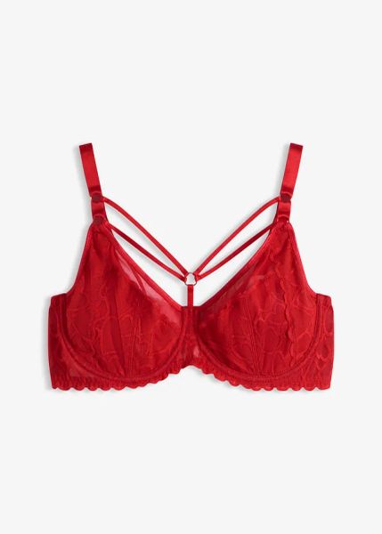 Biustonosz minimizer z ozdobami. Czerwone biustonosze bonprix, bez wzorów, z koronki. Za 84.99 zł.