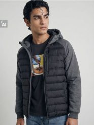 Hybrydowa kurtka puffer z kapturem - czarny. Czarne kurtki męskie Sinsay, l, bez wzorów, z kapturem. Za 99.99 zł.