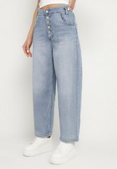 Niebieskie Jeansy o Kroju Mom Fit z Wysokim Stanem i Guzikami Viloiti. Niebieskie jeansy damskie Born2be, bez wzorów, z jeansu, eleganckie, z podwyższonym stanem. Za 99.99 zł.