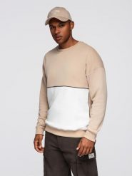 Bluza męska OVERSIZE z kontrastowym łączeniem kolorów - beżowa V2 - Rozmiar: S. Brązowe bluzy męskie Ombre Clothing, m, z aplikacjami, z bawełny, bez ramiączek, bez kaptura. W wyprzedaży za 49.99 zł.