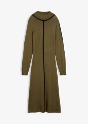 Sukienka dzianinowa z mieszanki wiskozy z kontrastowymi detalami. Zielone sukienki damskie bonprix, bez wzorów, z dzianiny, bez kołnierzyka, bez ramiączek, midi. Za 159.99 zł.