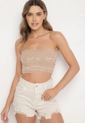 Ciemnobeżowy Dopasowany Top z Koronki Bez Rękawów Pasunea. Brązowe topy damskie Born2be, l, z aplikacjami, z jeansu, eleganckie, bez kołnierzyka, bez ramiączek. Za 29.99 zł.