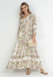 Biała Rozkloszowana Sukienka Oversize w Kwiaty Kylia. Białe sukienki damskie Born2be, l, bez wzorów, bez kołnierzyka, bez ramiączek, maxi, oversize. Za 74.99 zł.