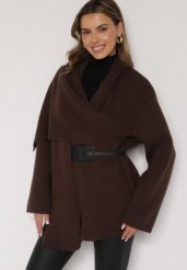 Brązowy Wiskozowy Kardigan z Paskiem i Narzutką Rewedisa. Brązowe kardigany damskie Born2be, bez wzorów, z dzianiny, biznesowe, bez kołnierzyka. Za 199.99 zł.