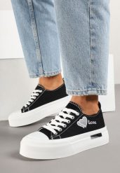 Czarne Trampki na Platformie z Ozdobnym Napisem i Sercem Laviere. Czarne trampki i tenisówki damskie Renee, bez wzorów, z jeansu, bez zapięcia. Za 74.99 zł.
