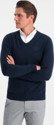 Ombre Sweter męski z dekoltem "w serek" z koszulowym kołnierzykiem - granatowy V2 OM-SWSW-0102 S. Niebieskie swetry męskie Ombre, m, bez wzorów, bez kołnierzyka, bez ramiączek. Za 129.99 zł.