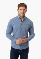 Bawełniana, niebieska koszula K-NANDO. Niebieskie koszule męskie Volcano, m, bez wzorów, z bawełny, eleganckie, bez kołnierzyka, bez ramiączek. Za 139.99 zł.