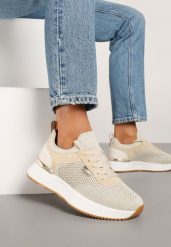 Beżowe Sneakersy z Siateczkową Cholewką Saramis. Brązowe obuwie sportowe damskie Renee, bez wzorów, z jeansu, bez zapięcia. Za 89.99 zł.