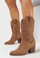 Brązowe Botki Kowbojki na Słupku z Cyrkoniami Litoria. Brązowe botki damskie Born2be, bez wzorów, boho, bez obcasa, na obcasie, bez zapięcia. Za 169.99 zł.