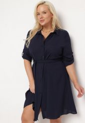 Granatowa Rozkloszowana Mini Sukienka Zapinana na Guziki z Materiałowym Paskiem Vleco. Niebieskie sukienki damskie Born2be, l, bez wzorów, z materiału, bez kołnierzyka, bez ramiączek, mini, rozkloszowane. Za 79.99 zł.