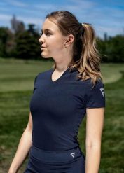 Koszula golfowa damska Calusa czarna techniczna oddychająca. Czarne koszule damskie FLAIRWAY GOLF, s, bez wzorów, z materiału, eleganckie, bez kołnierzyka, bez ramiączek. Za 275.00 zł.