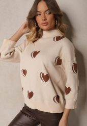 Jasnobeżowy Sweter z Wiskozą i Modalem Ozdobiony Sercami Zeanisia. Brązowe swetry nierozpinane damskie Renee, m, bez wzorów, z jeansu, casualowe, bez kołnierzyka, bez ramiączek. Za 99.99 zł.
