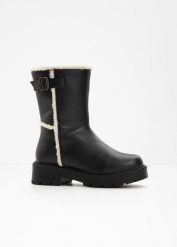 Kozaki. Czarne kozaki damskie bonprix, bez wzorów, bez obcasa, bez zapięcia. Za 219.99 zł.