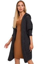 Długi sweter damski kardigan oversize z kapturem szary grafitowy. Szare kardigany damskie Polskie swetry, l, bez wzorów, z dzianiny, eleganckie, bez kołnierzyka. Za 309.00 zł.