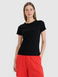 4F T-shirt slim gładki damski - czarny S. Czarne t-shirty damskie 4F, s, bez wzorów, z bawełny, klasyczne, bez kołnierzyka, bez ramiączek. Za 39.99 zł.